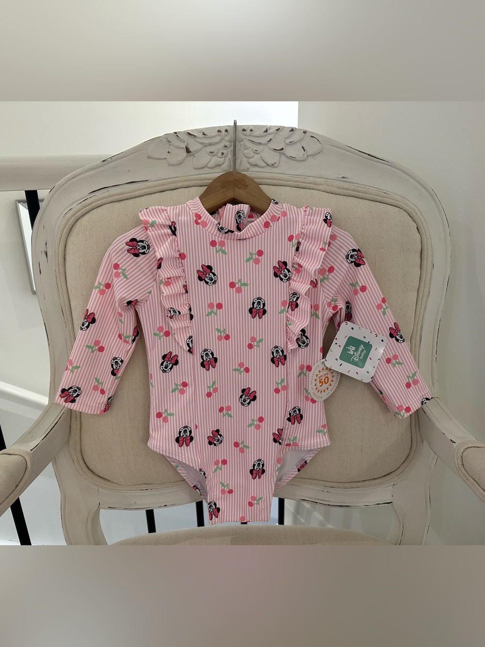 🍒 12~18 Mth Disney Pink Minnie Mouse Ruffle One-Piece Swimsuit for Baby NWT